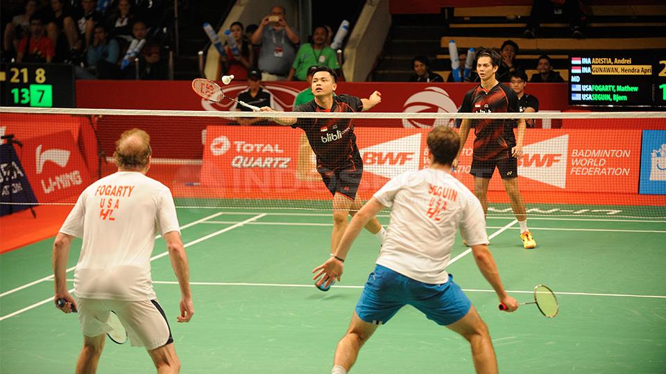 Andrei Adistia/Hendra Aprida Gunawan menang dua set langsung atas wakil AS Mathew Fogarty/Bjorn Seguin.